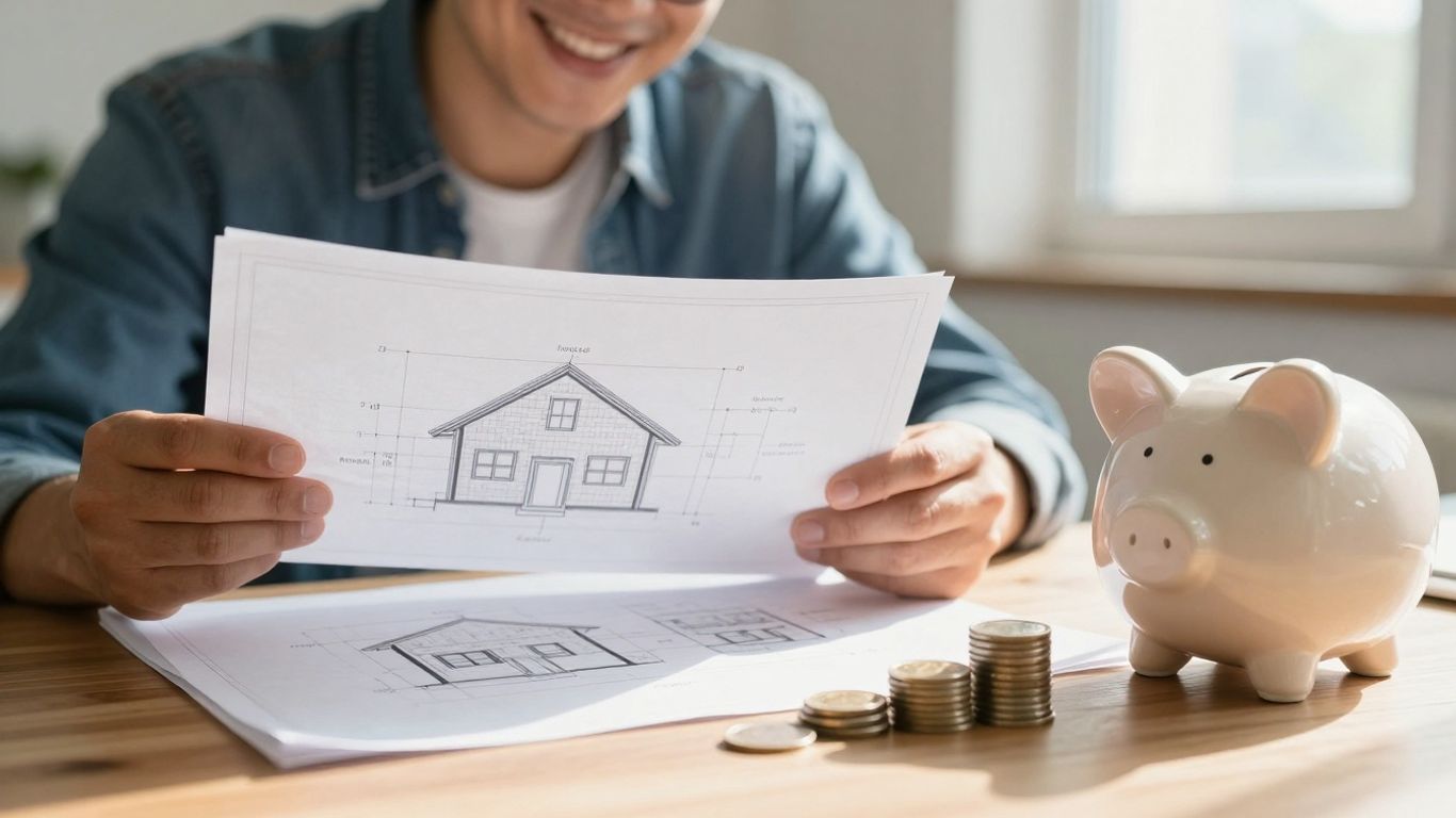 Homeowner with coins and piggy bank, planning mortgage refinance.