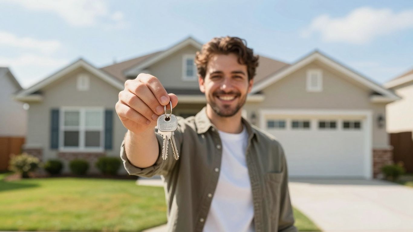 Homeowner holding keys in front of a house.