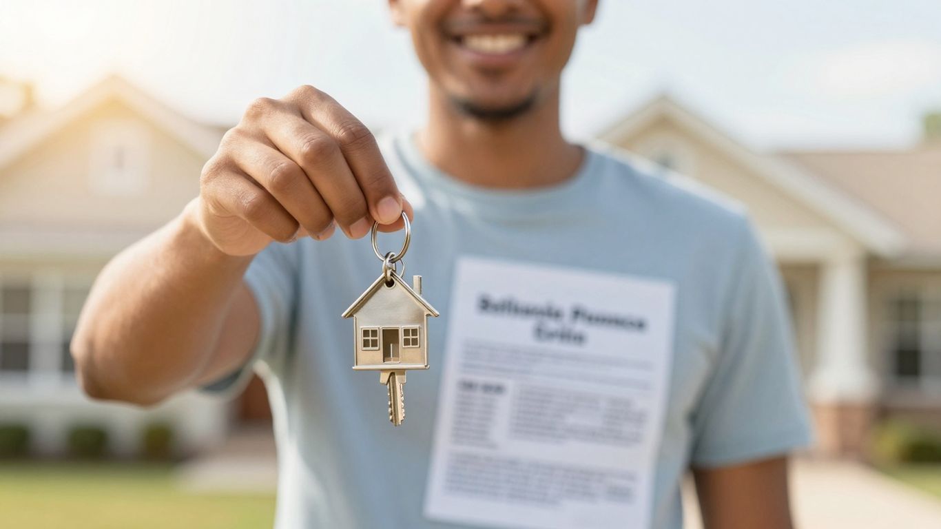 Person holding keys in front of a house.