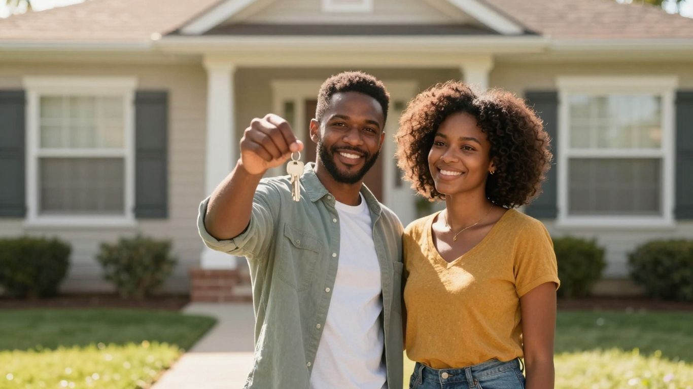 Couple holding keys outside a home, symbolizing financial relief.