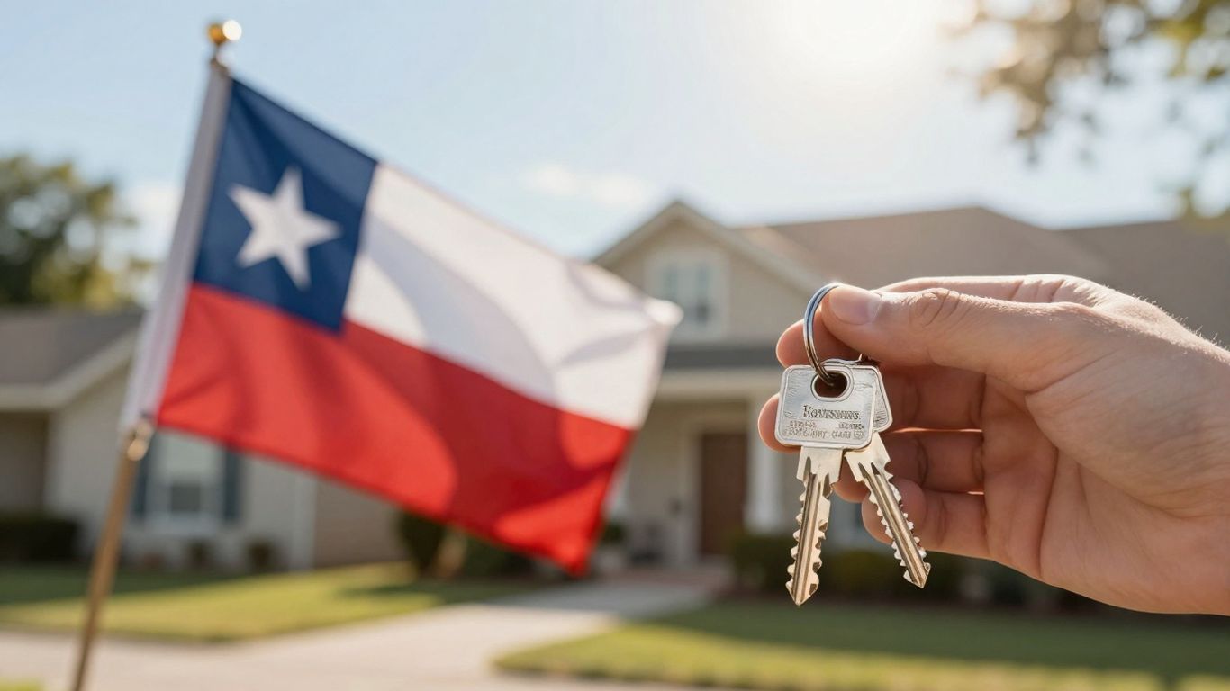Texas flag and house key for mortgage refinance savings.