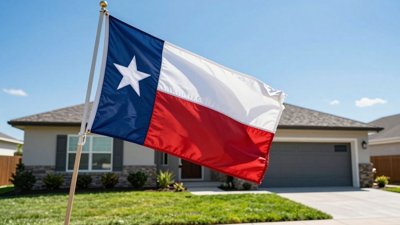 Texas flag and house with sunny sky.