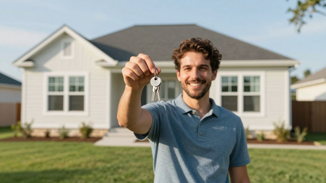 Happy homeowner with keys in front of manufactured home.