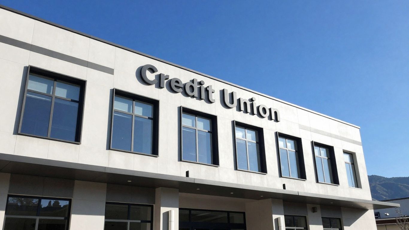 Credit union building with mountains in the background.