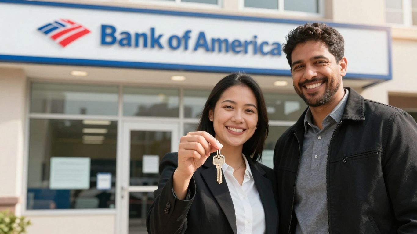 Bank of America branch with happy homeowners and keys.