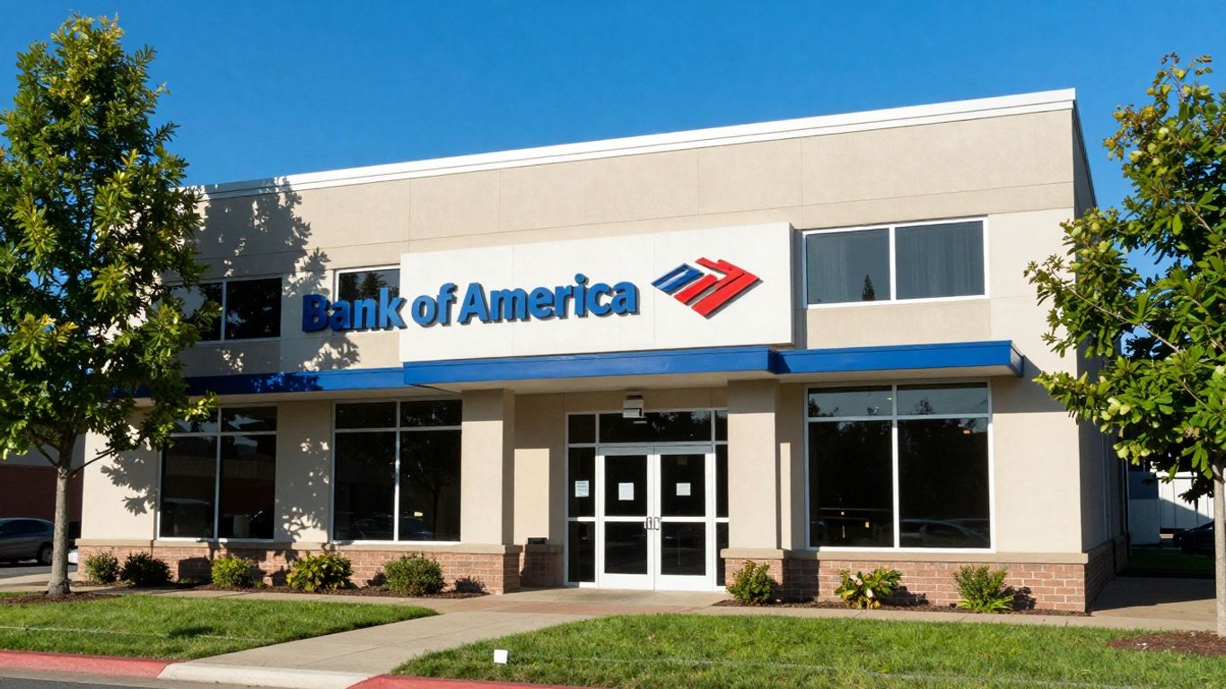 Bank of America building exterior with trees and sky.