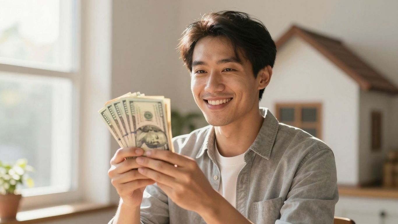 Homeowner with money, house, and sunlight.