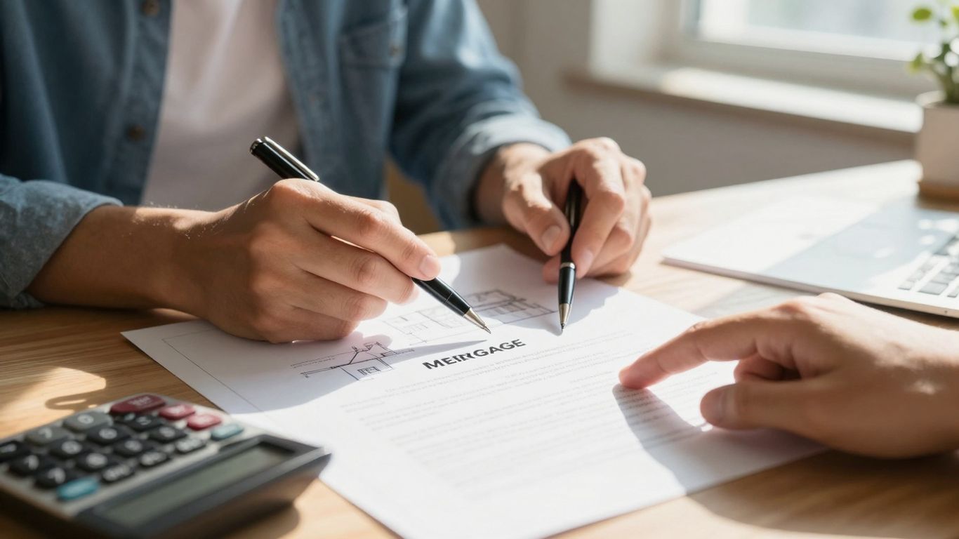 Person reviewing house plans and mortgage documents.