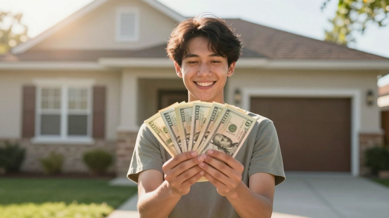 Homeowner with cash in front of house.