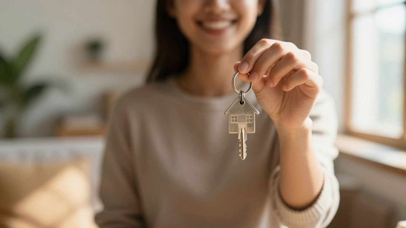Person holding house key, financial growth, secure future.