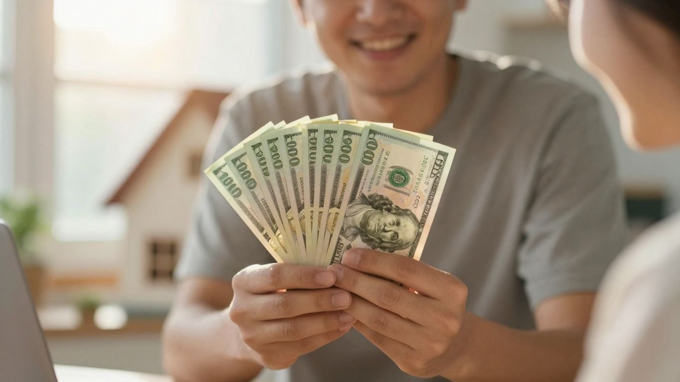 Homeowner with cash, house, and sunlight.