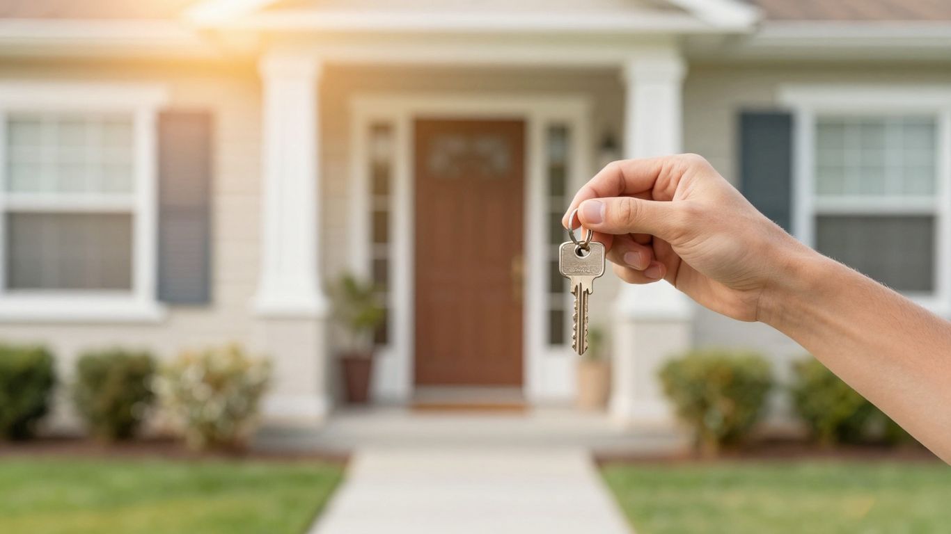 Homeowner with key, symbolizing mortgage refinance savings.