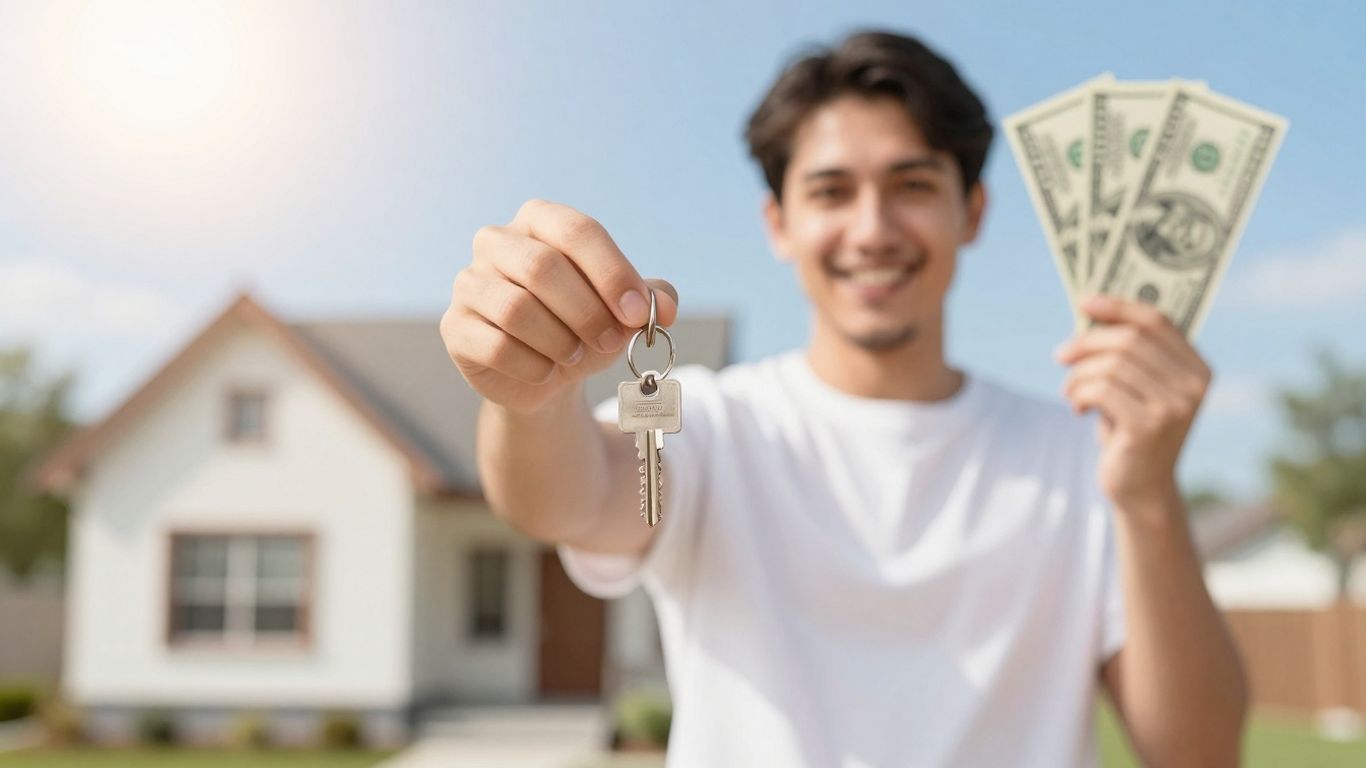 Homeowner with key, house, and money symbols.