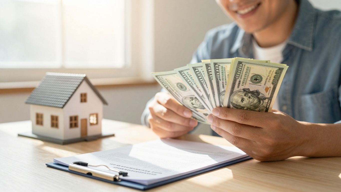 Homeowner with cash and house, symbolizing mortgage refinance savings.