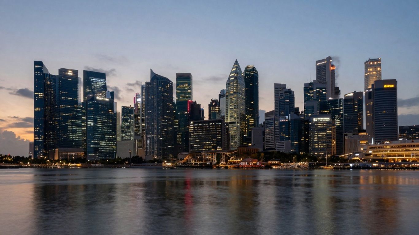 Cityscape at dusk with illuminated skyscrapers and water reflection.