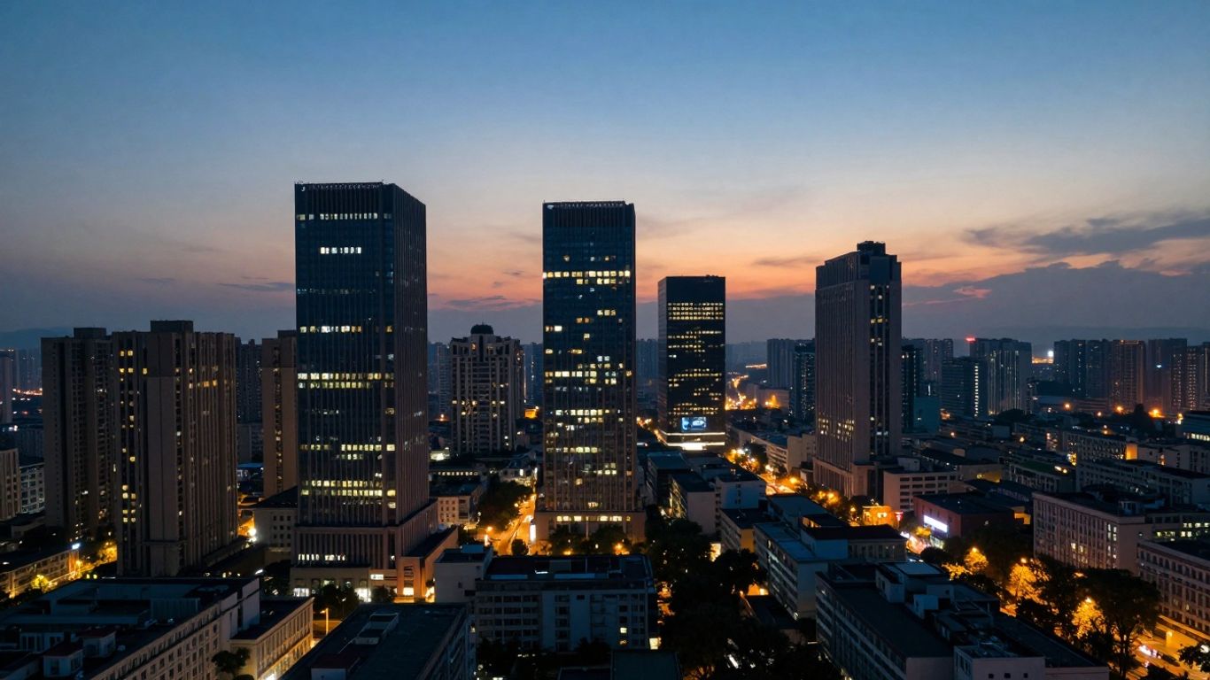 Cityscape at dusk with illuminated buildings and rising sun.