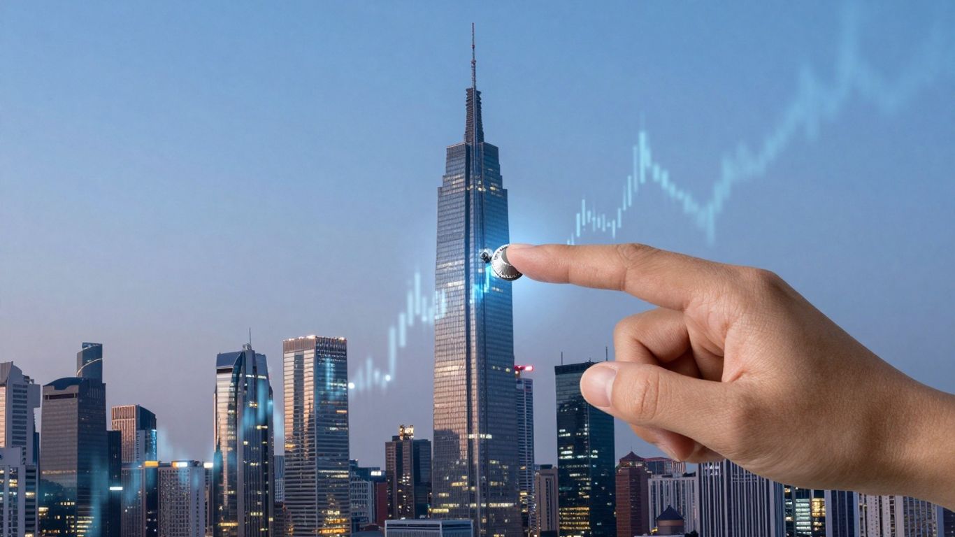 Cityscape with financial charts and hand adjusting dial.