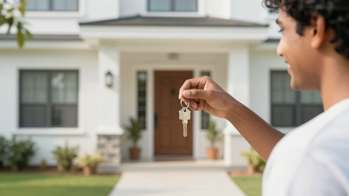Person holding house key, smiling at a bright home.