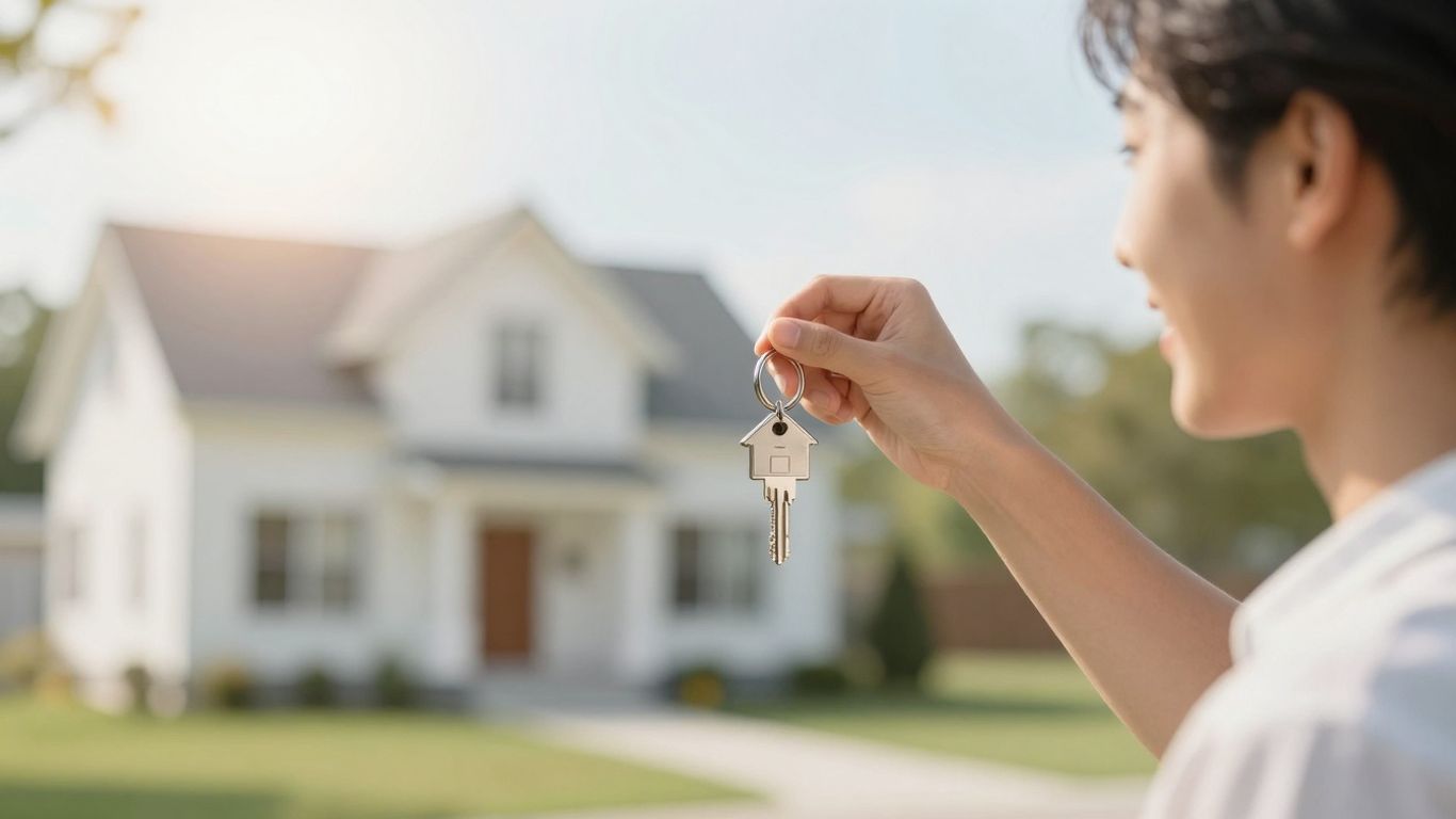 Person holding house key with a bright home in the background.