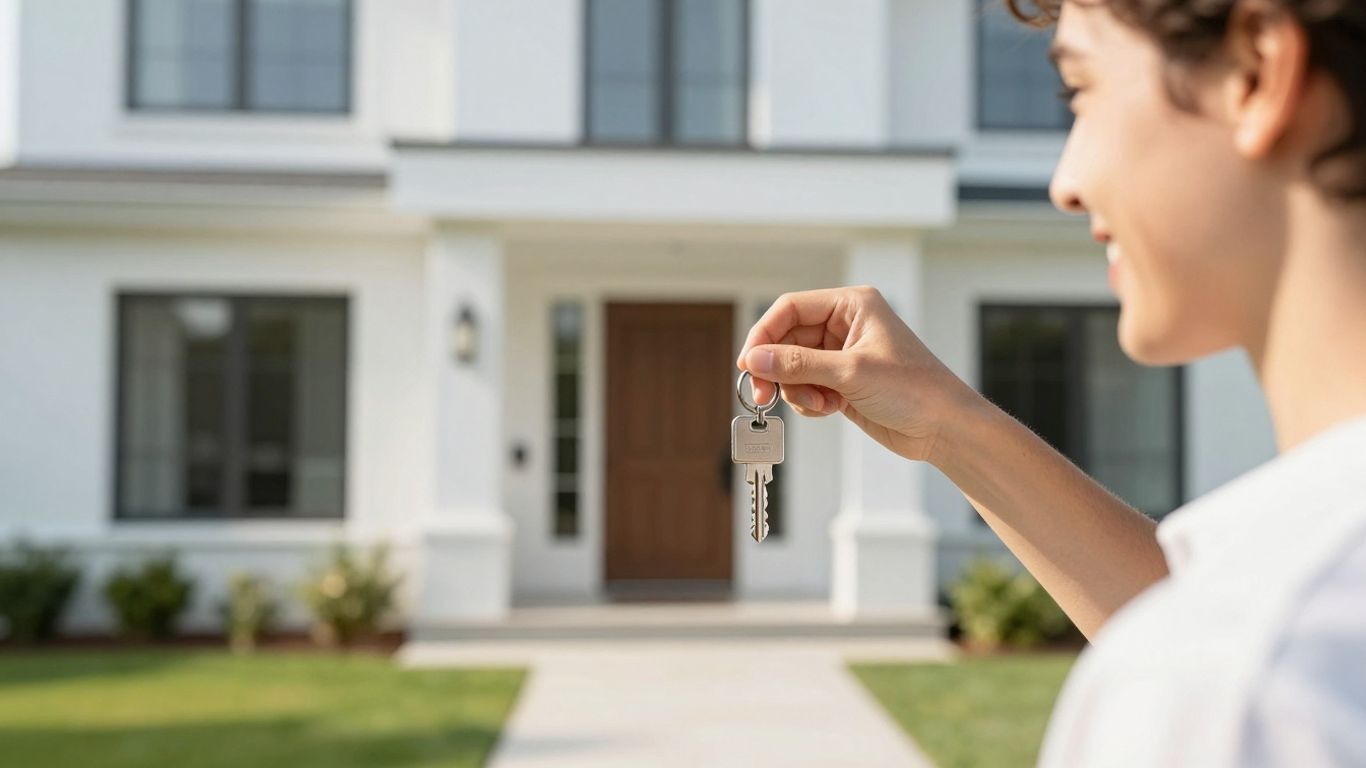 Person holding house key with a home in the background.