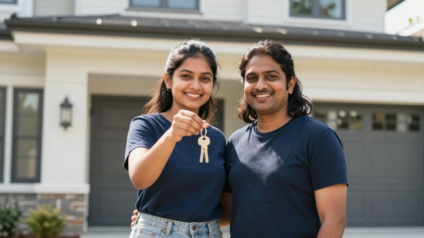 Couple with keys in front of a home.