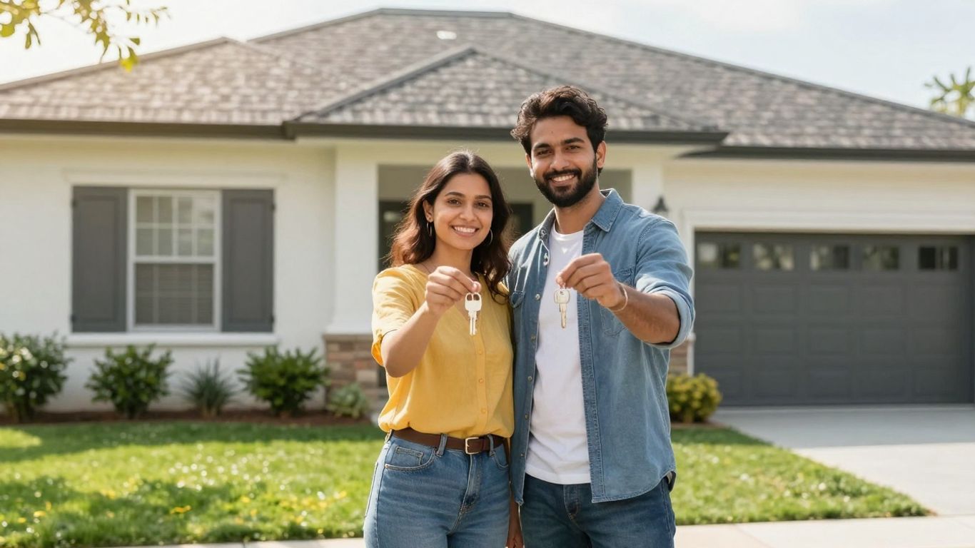 Couple with keys in front of a home.