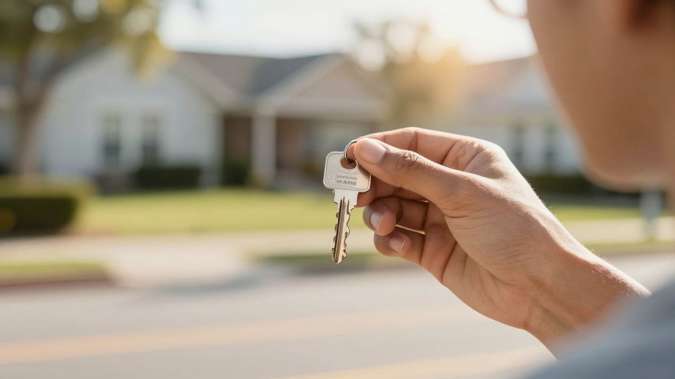 Person holding house key, considering mortgage refinance.