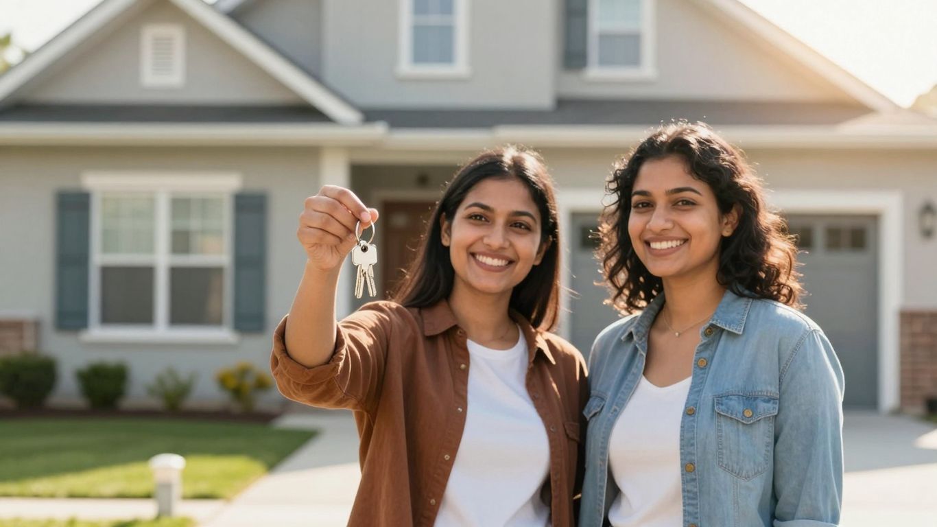 Couple holding keys in front of a new home.