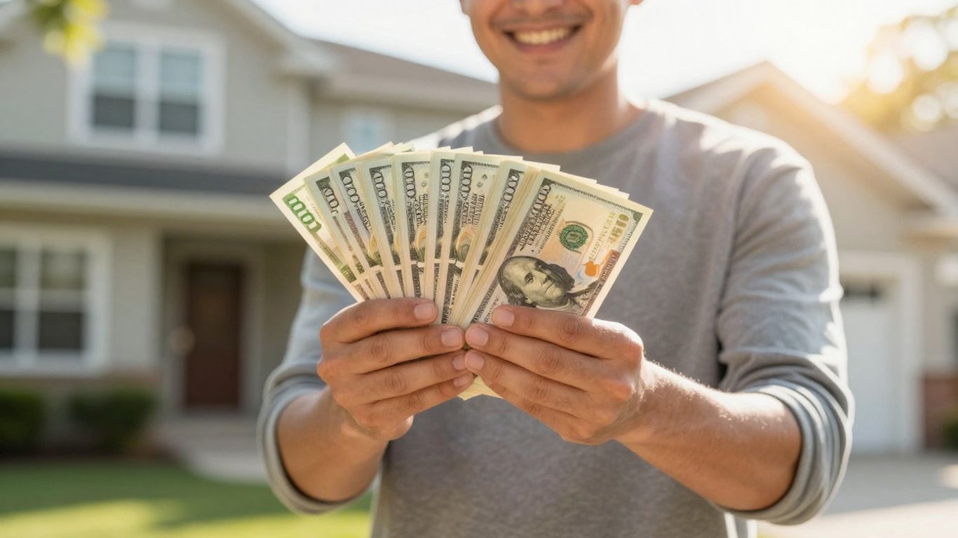 Homeowner with cash in front of house.