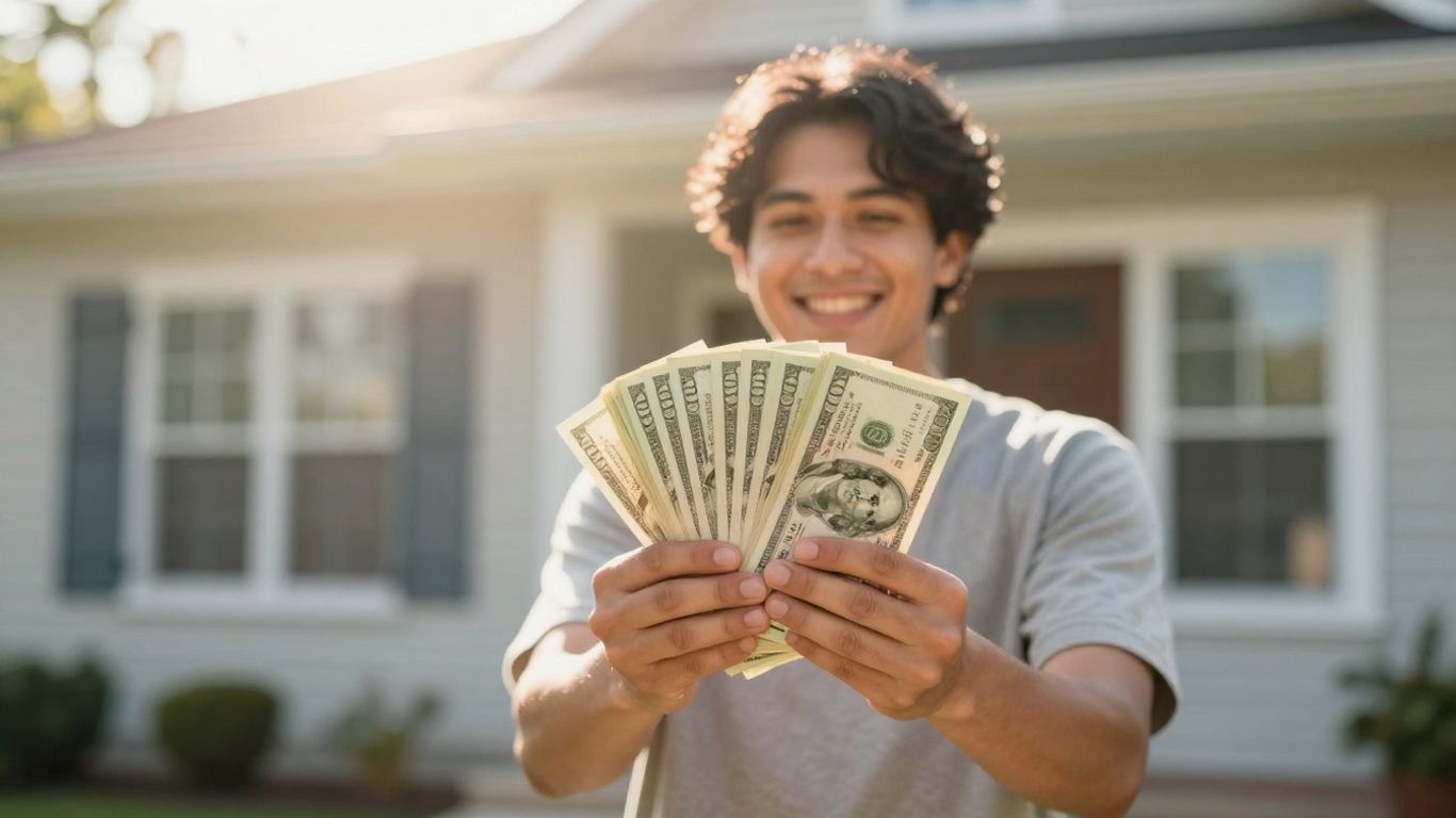 Homeowner with cash in front of house.