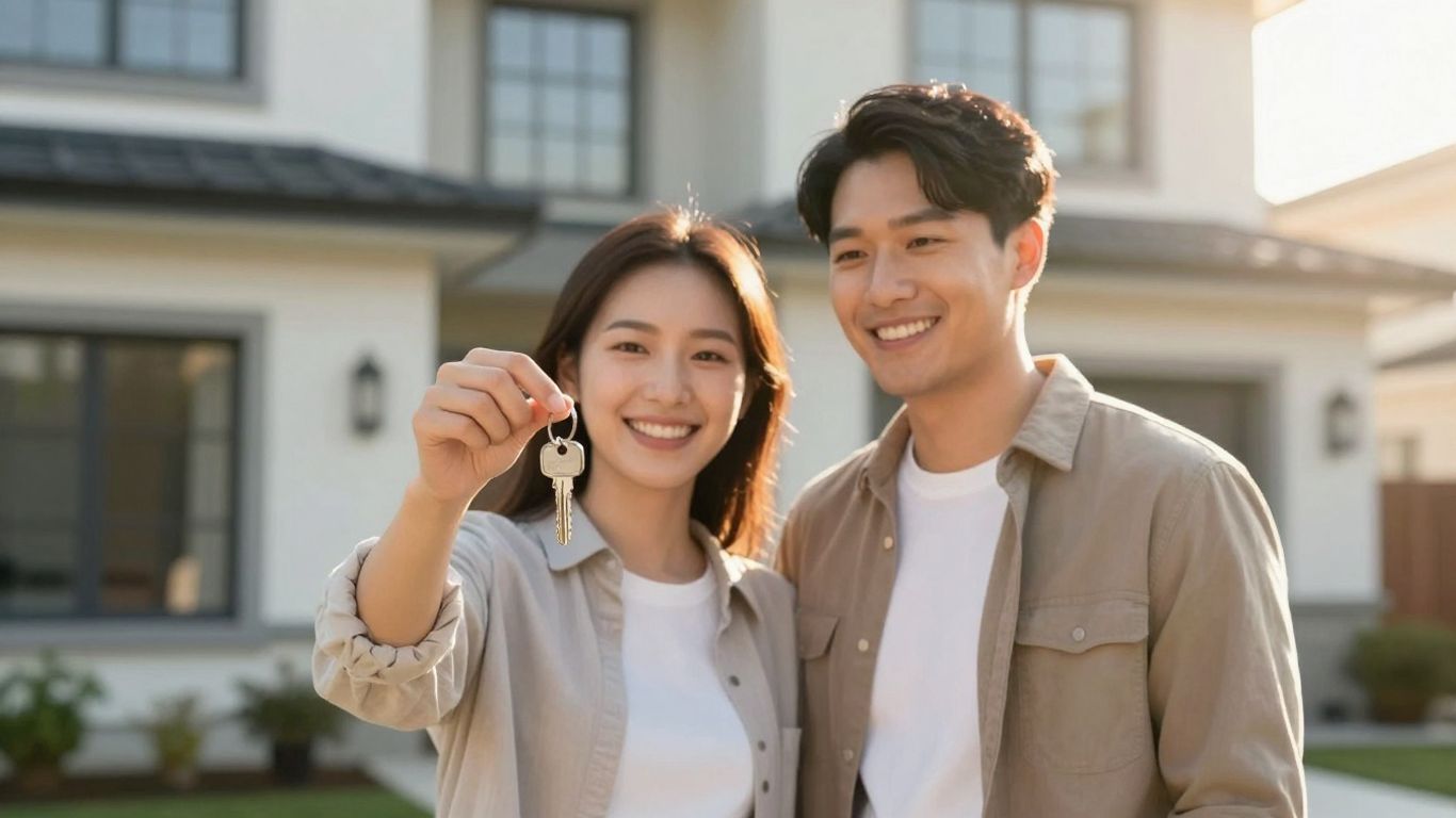 Couple holding keys in front of their home.