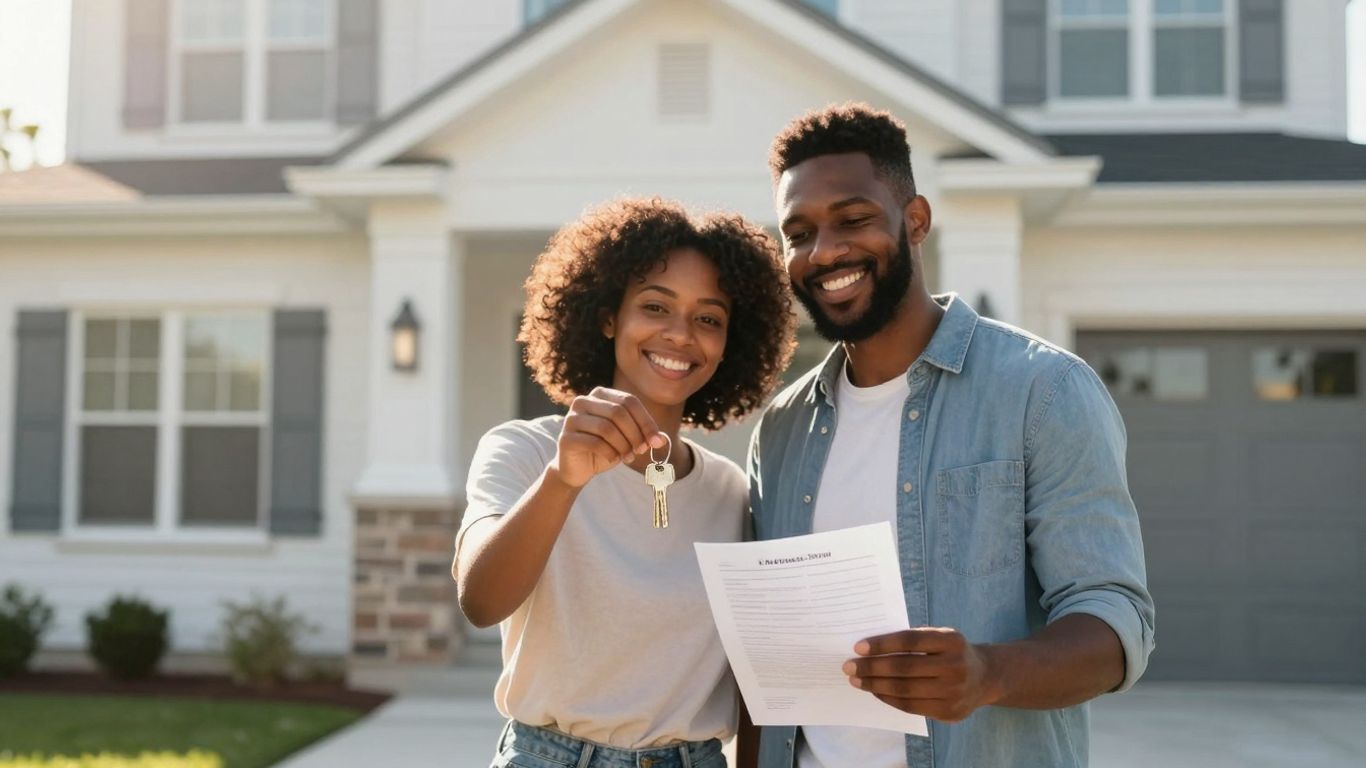 Couple holding keys, happy about home refinance.