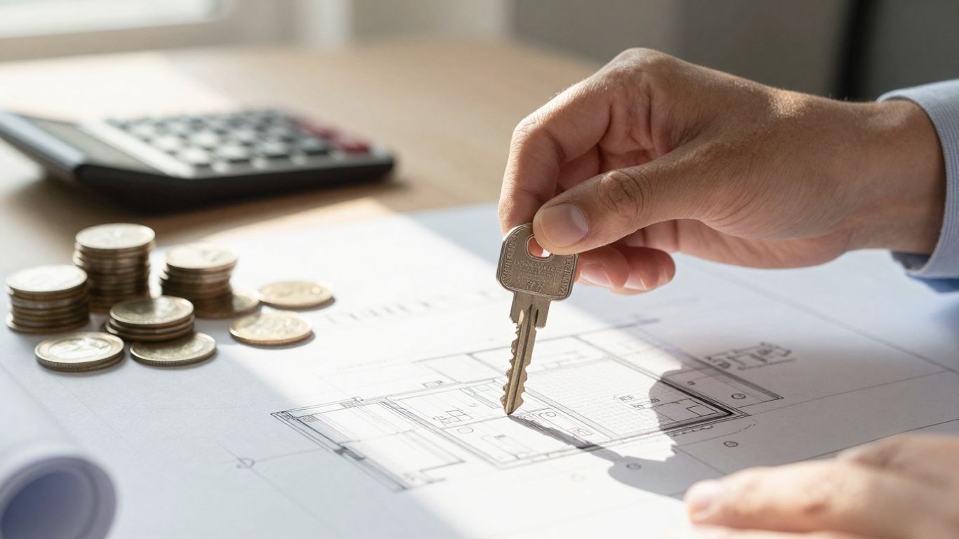 Key over building blueprint with coins and calculator.