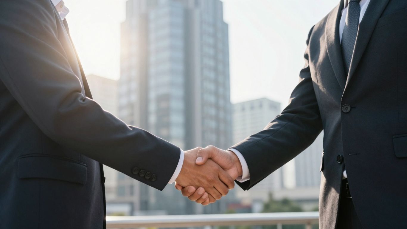 Handshake over cityscape, symbolizing commercial mortgage refinance success.
