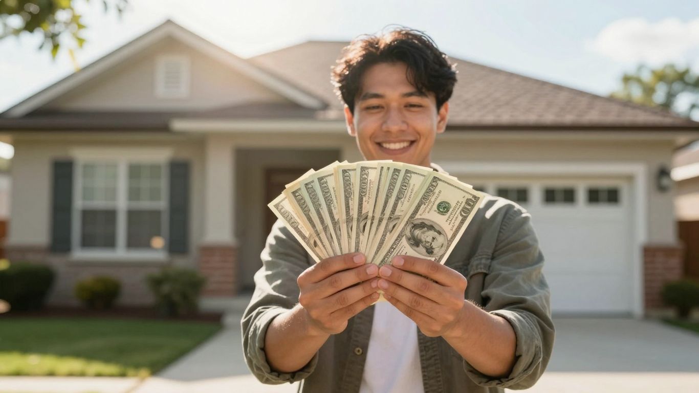 Homeowner with cash and house, refinance concept.