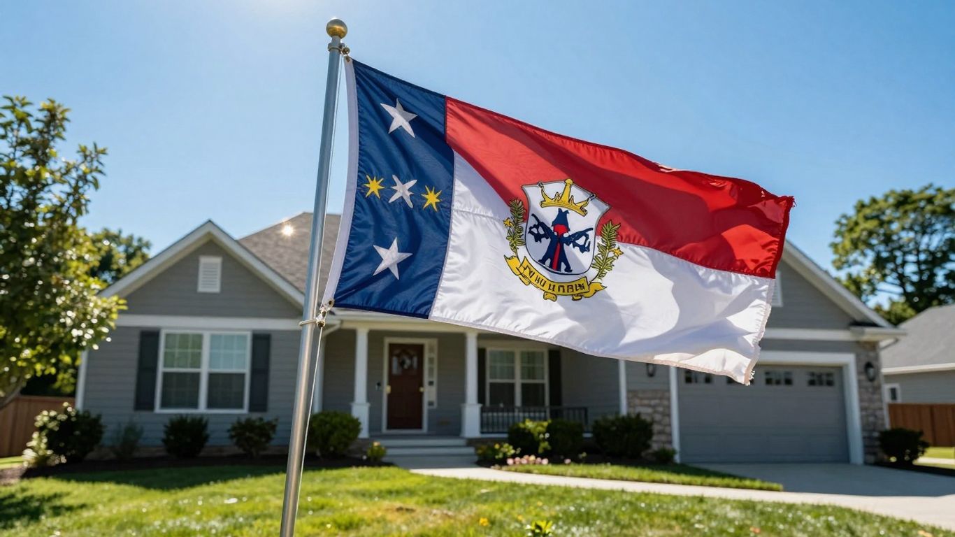 North Carolina house with flag and sunny sky.