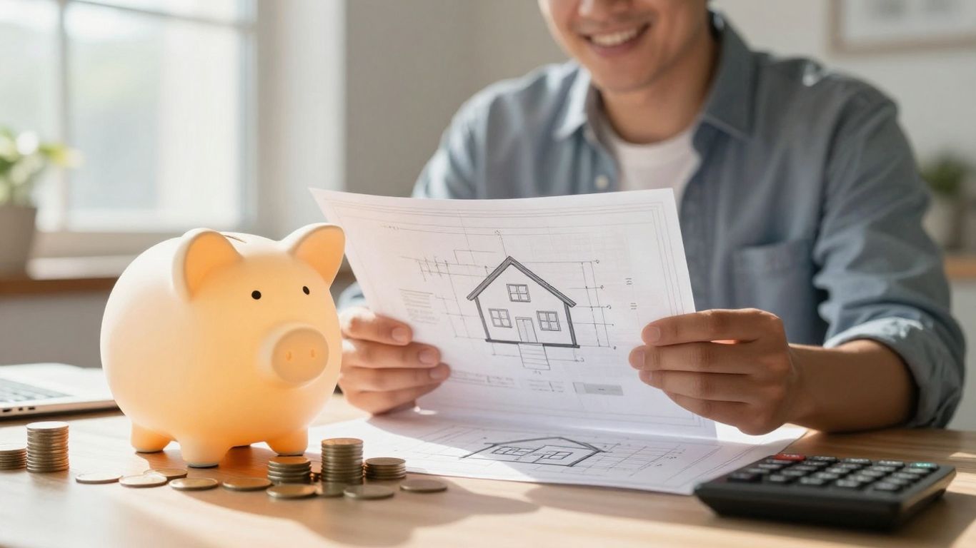 Homeowner with house plans and piggy bank.