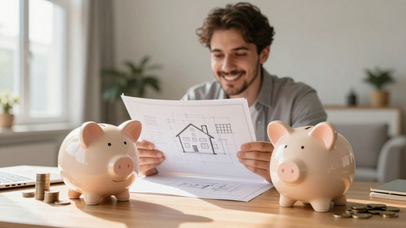 Homeowner with piggy bank and coins, planning refinance.