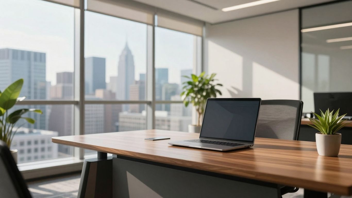 Modern office with city view, symbolizing financial success.