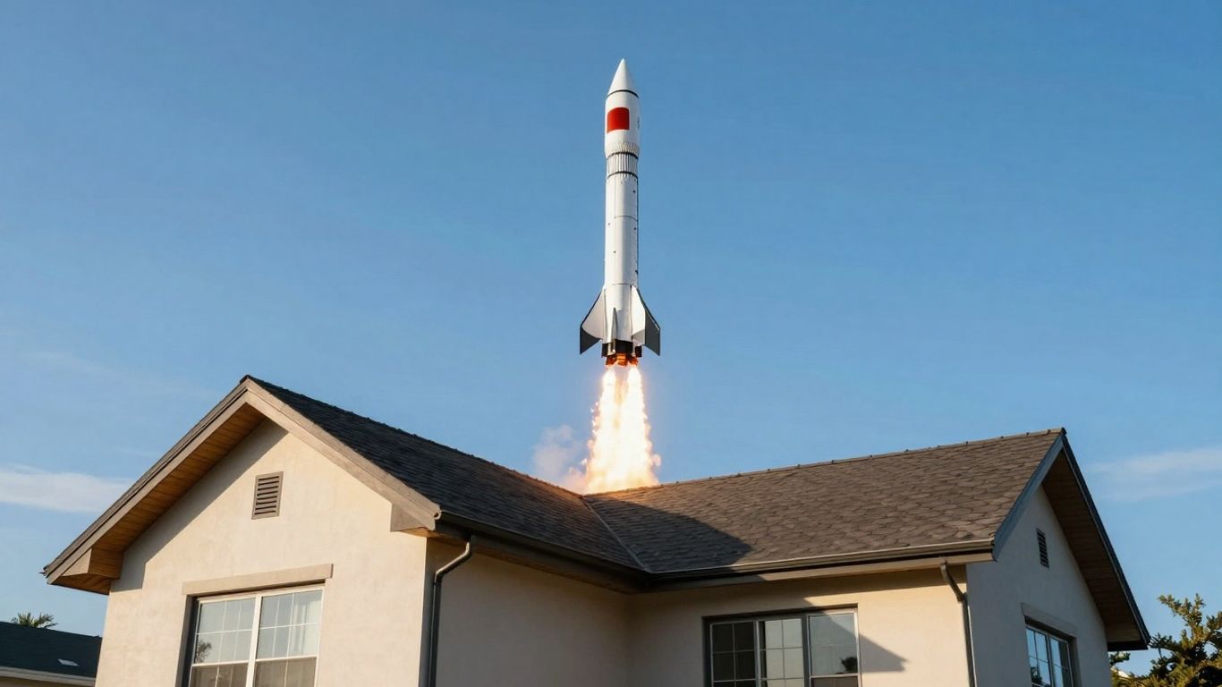 Rocket launching from a house roof.