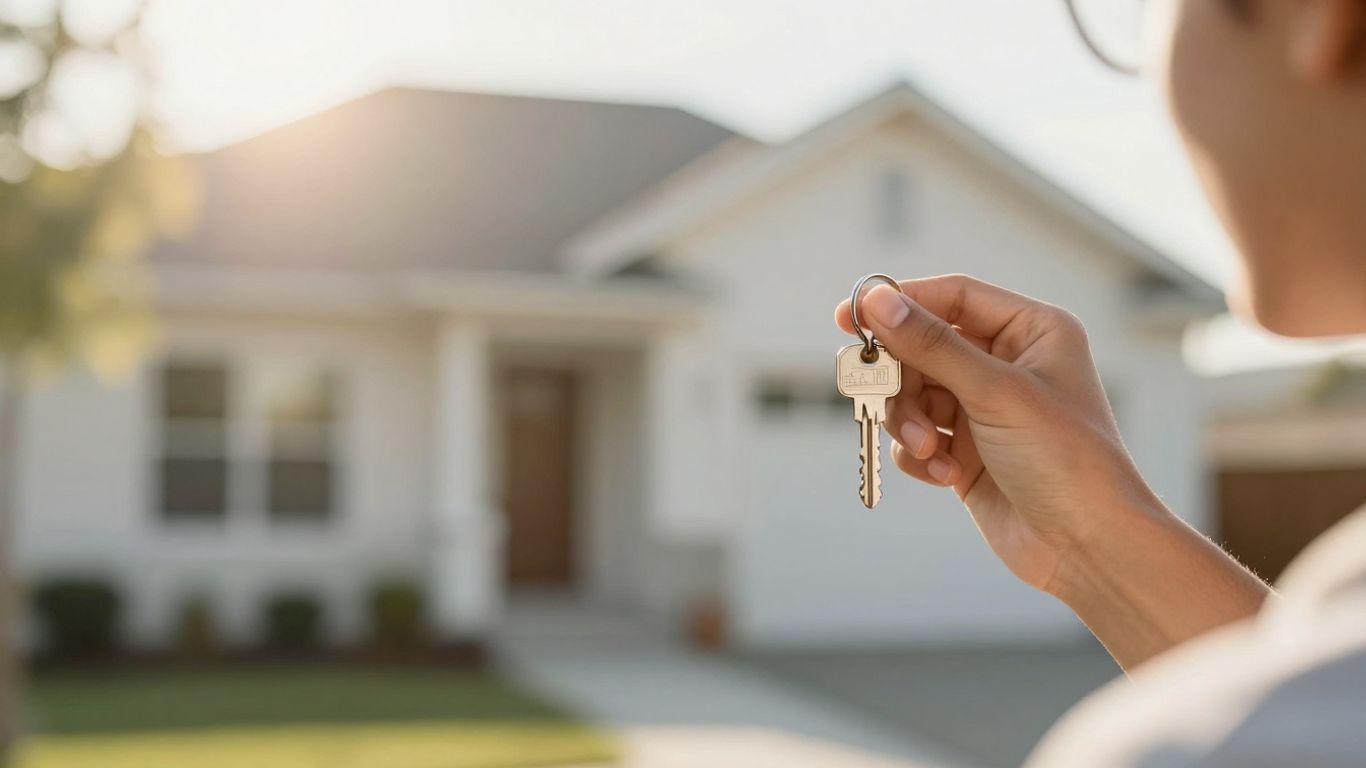 Person holding house key, looking towards a bright future.