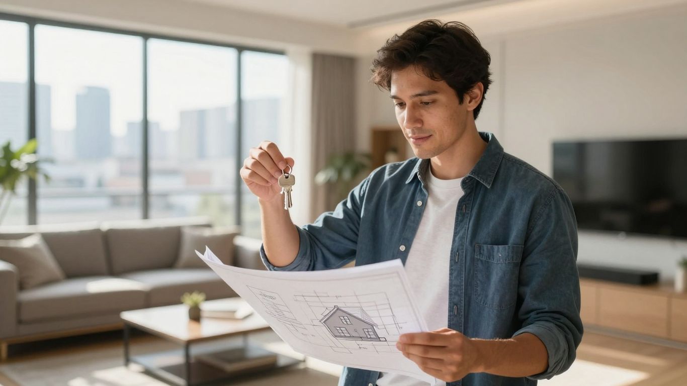 Person with house key and blueprint, modern home interior.