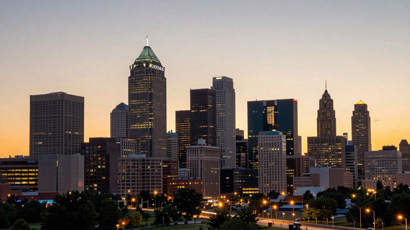 Kansas City skyline at dusk with financial growth overlay.
