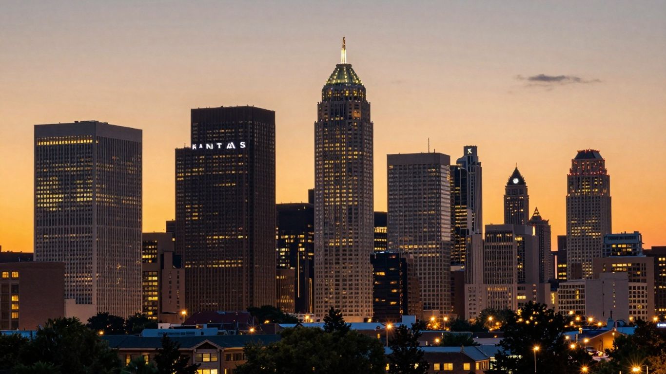 Kansas City skyline at dusk with financial overlay.