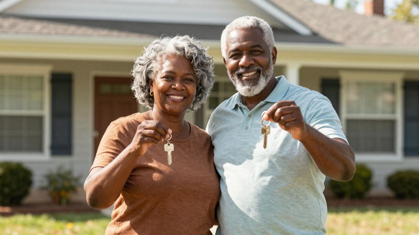 Veteran couple with keys in front of their home.