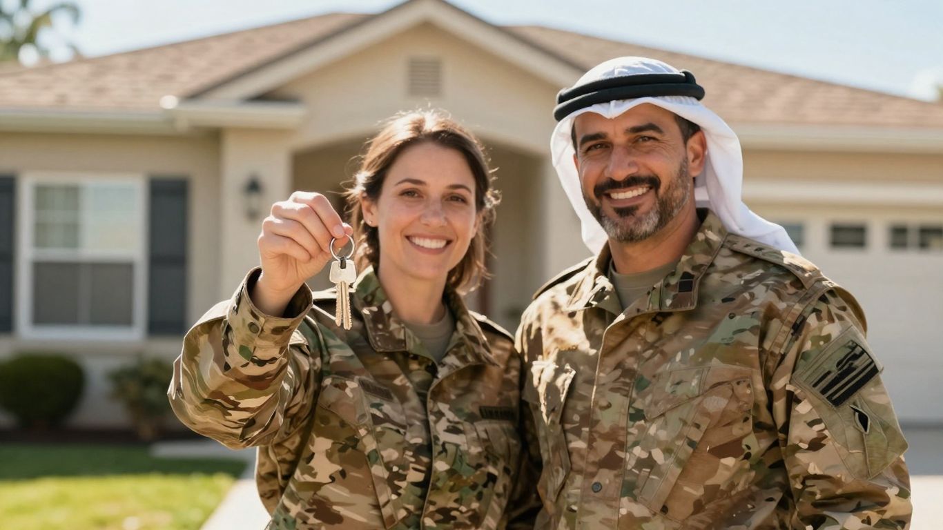 Veteran couple with house keys in front of home.