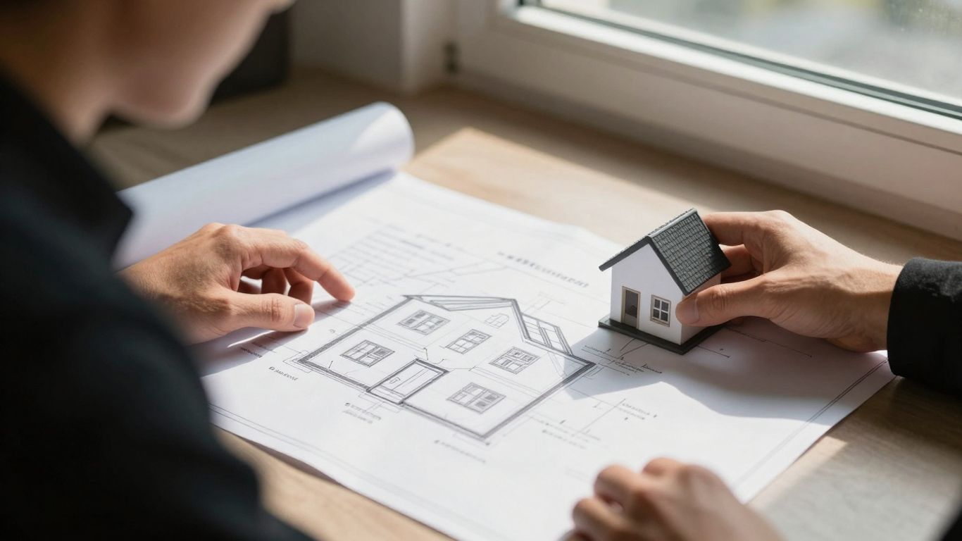Person reviewing house plans for mortgage savings.