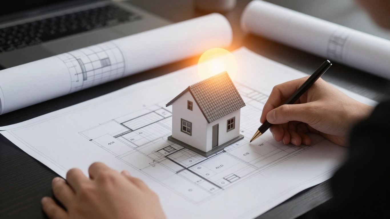 Person reviewing house plans with a sunrise overlay.