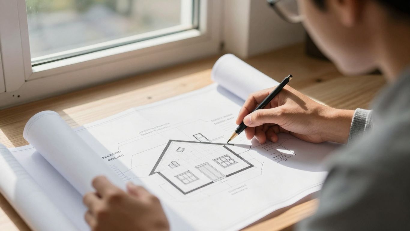 Person reviewing house plans for mortgage savings.