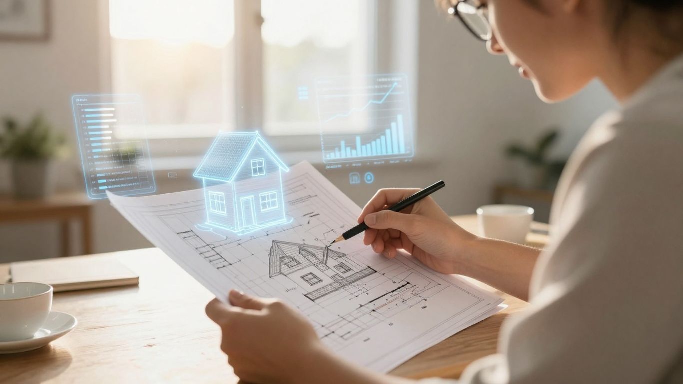Homeowner reviewing house plans with financial data.